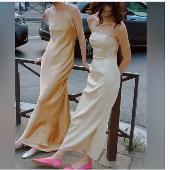 ZARA CHAMPAGNE SATIN EFFECT STRAPLESS TIE UP STRAPPY BACK MIDI MAXI DRESS $129.9 - Picture 14 of 17